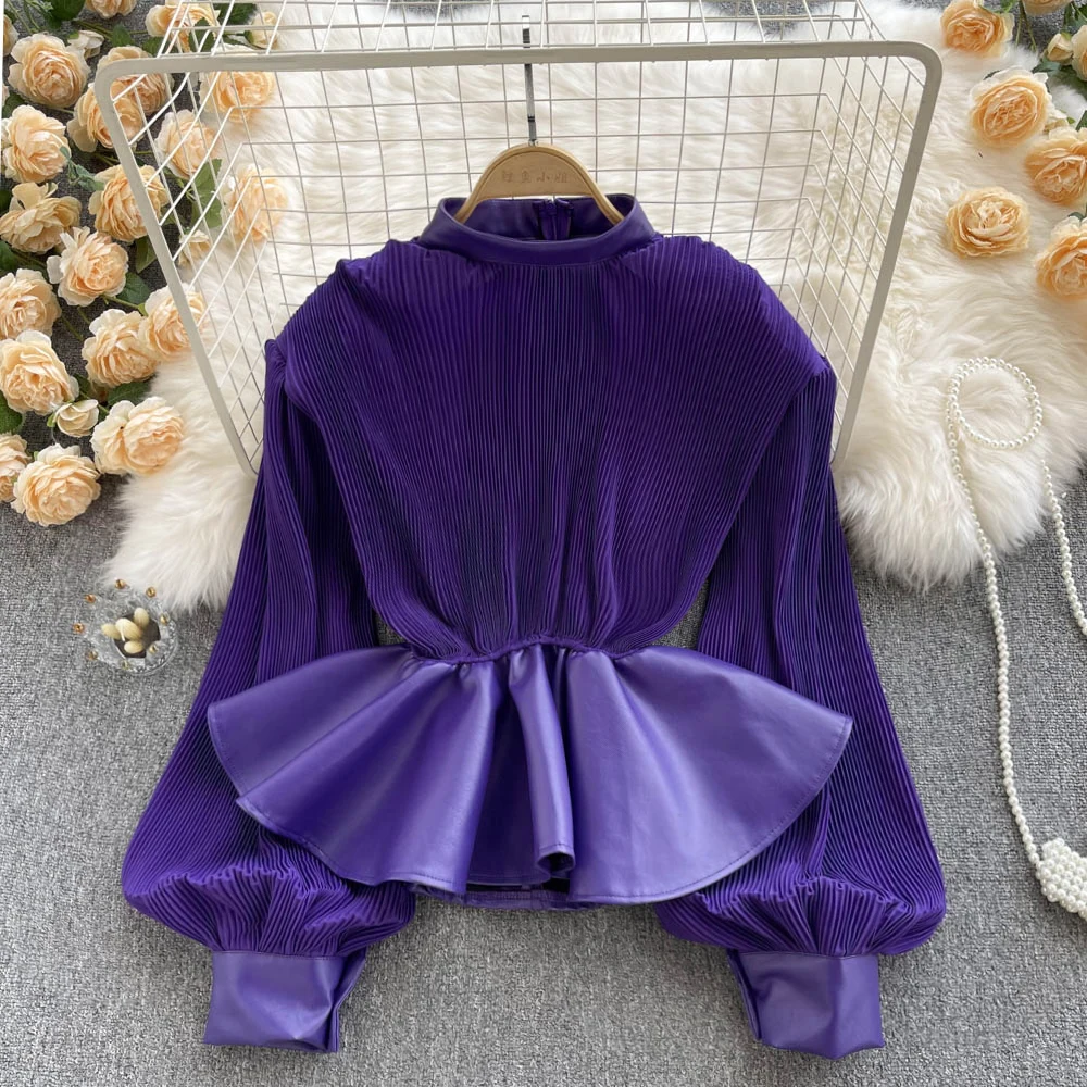 Women Design Slim Waist Blouse Korean Fashion Lantern Sleeve Patchwork Leather Tops Spring Casual Loose 2022 Shirts 
Women Design Slim Waist Blouse Korean Fashion Lantern Sleeve Patchwork Leather Tops Spring Casual Loose 2022 Shirts