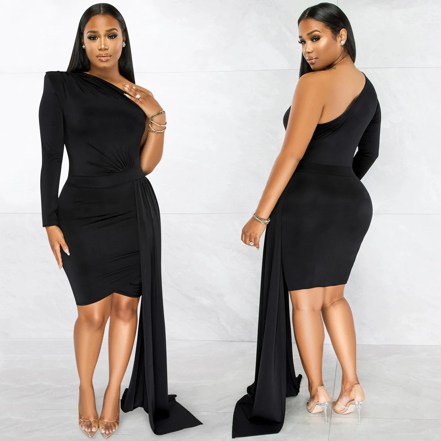 2022Chic Elegant Party Evening Dress for Women Summer New Fashion Solid Sexy Single Sleeve Slant Neck Dress Wrinkled Skinny Club
2022Chic Elegant Party Evening Dress for Women Summer New Fashion Solid Sexy Single Sleeve Slant Neck Dress Wrinkled Skinny Club
