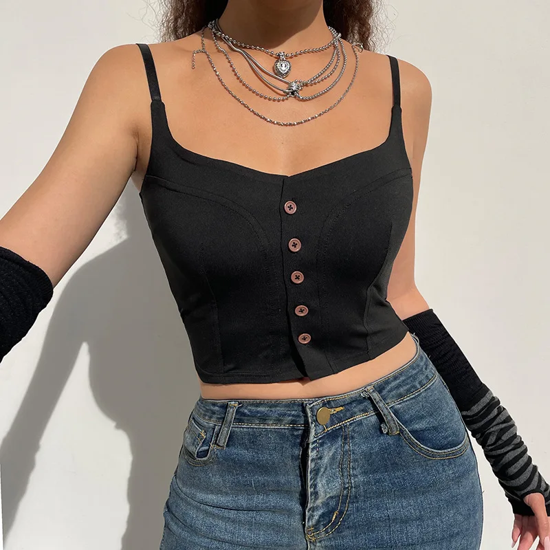 Vintage Patched Crop Tank Top Fashion Single Breasted Corset Halter Top For Girl Women Y2K Black Sleeveless Mini Vest Streetwear
Vintage Patched Crop Tank Top Fashion Single Breasted Corset Halter Top For Girl Women Y2K Black Sleeveless Mini Vest Streetwear