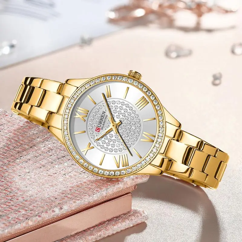 Часы Curren женские с золотистым циферблатом брендовые модные наручные браслетом