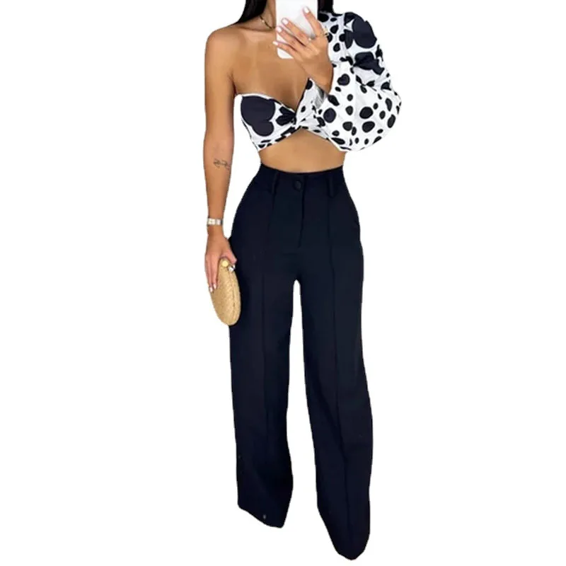 Fashion Women Pants Suit 2023 Summer Sexy One Shoulder Long Sleeve Print Cut Top Casual Straight Pants High Street Two-Piece Set 
Fashion Women Pants Suit 2023 Summer Sexy One Shoulder Long Sleeve Print Cut Top Casual Straight Pants High Street Two-Piece Set