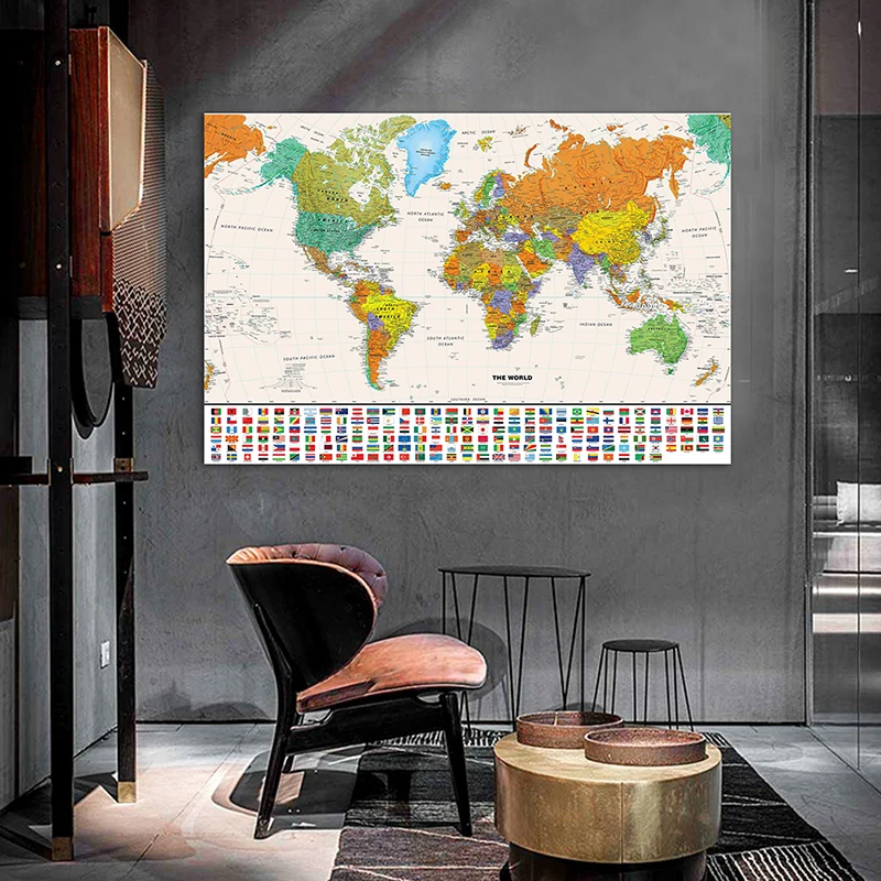 

140*100cm Retro World Globe Map Non-woven Canvas Painting The World Map with National Flags Wall Art Poster Office Supplies