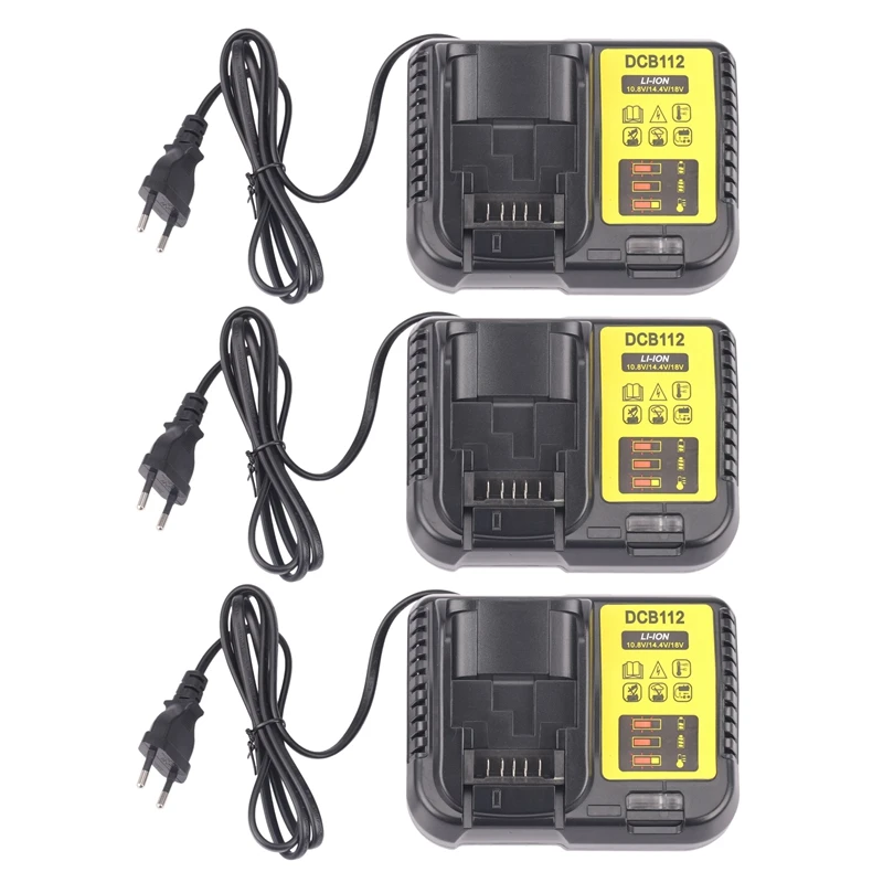 

3X Dcb112 Li-Ion Battery Charger For Dewalt 10.8V 12V 14.4V 18V Dcb101 Dcb200 Dcb140 Dcb105 Dcb200 EU　Plug Black