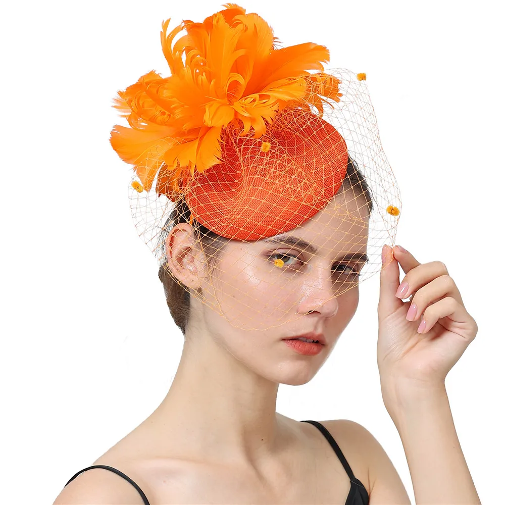 Orange Fascinator Hat Derby Wedding Face Veil Sinamay Millinery Headwear Party Church Headpiece Fashion Feather Hair Accessories
Orange Fascinator Hat Derby Wedding Face Veil Sinamay Millinery Headwear Party Church Headpiece Fashion Feather Hair Accessories