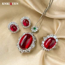 Retro Fluorescence Ruby Necklace Pendant Ring Earrings Charms Lab Diamond Gemstone Wedding Party Fine Jewelry Set Accessories