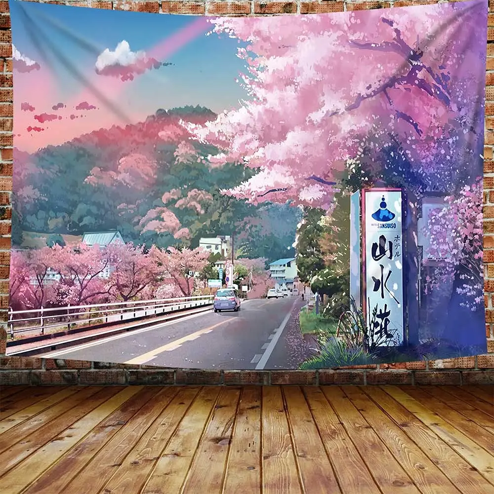 

Anime Scenery Tapestry Japanese Mountain with Cherry Blossom Tapestries Sakura Village Aesthetic Art Wall Tapestry for Bedroom
