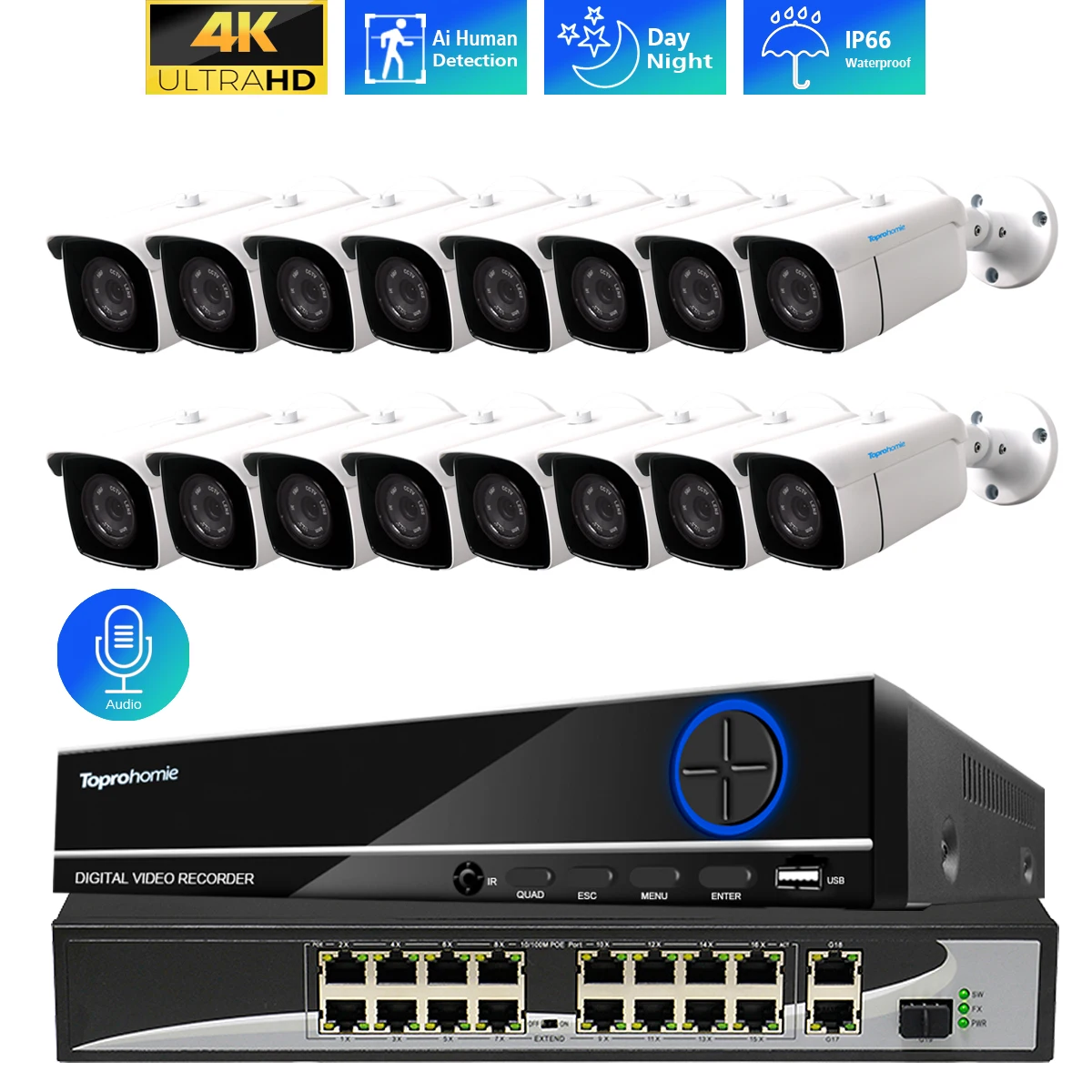 H.265 16-канальный сетевой видеорегистратор 4K 8 Мп, встроенная цифровая видеокамера, внешняя водонепроницаемая IP-камера IP66, комплект видеонаблюдения