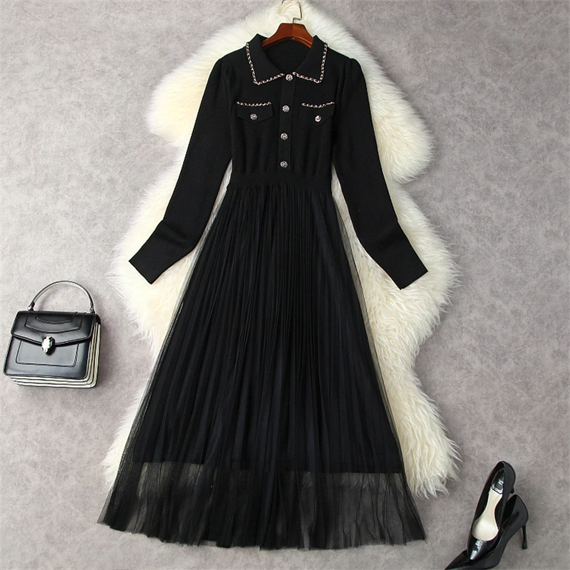 2022 Long Sleeve Knitted Midi Party Robe Femme Fashion Runway Designers Autumn Winter Mesh Patchwork Sweater Dresses for Women
2022 Long Sleeve Knitted Midi Party Robe Femme Fashion Runway Designers Autumn Winter Mesh Patchwork Sweater Dresses for Women