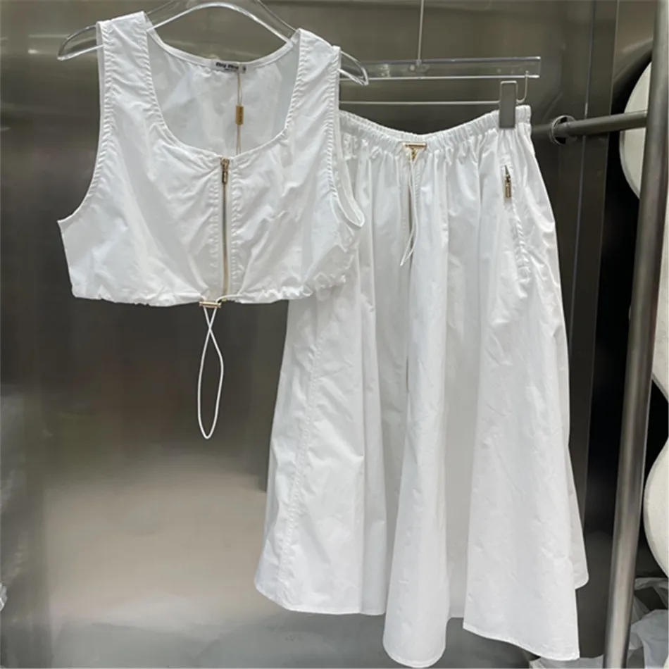 

White Sweet Two Piecies Stes Women Zipped Sleeveless Crop Top A-line Dress Soft Cotton Dress Sets 2023 Summer New