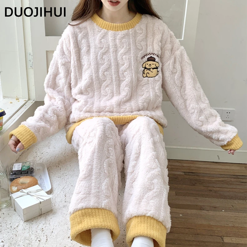 

DUOJIHUI Spell Color Two Piece Loose Sweet Female Sleepwear Set Winter Flannel Soft Warm Simple Casual Fashion Pajamas for Women