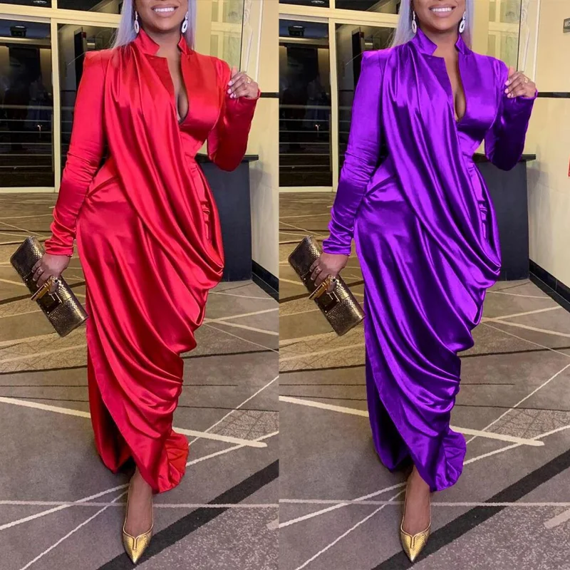 

WUHE Ruched Solid Satin Maxi Party Dress Women Evening Nightclub Long Sleeve Bodycon Long Dress Elegant Celebrity Formal Robe