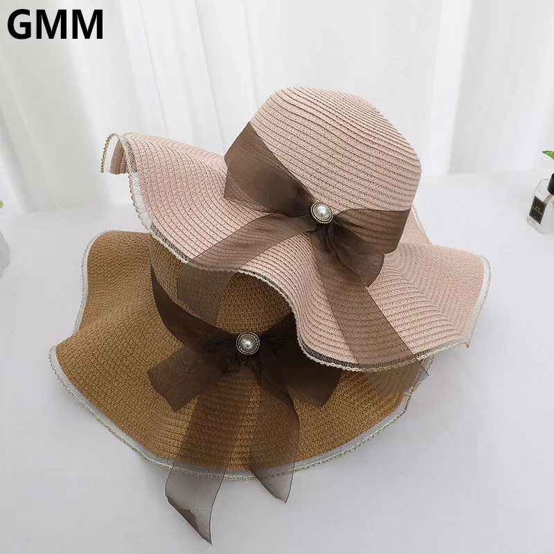 

Ladies Fashion Ribbon Bow Paper Straw Hat With Pearl Summer Womens Panama Wide Brim Foldable Travel Sunshade Floppy Sun Caps