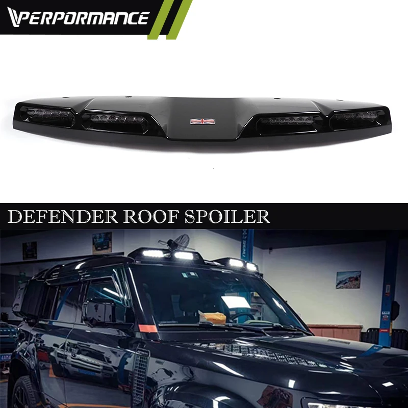 

Glossy Black Car Front Spoiler For Defender 90 110 Front Wings Carbon Fiber Spoiler With 4LED Style Defender Roof Spoiler Black