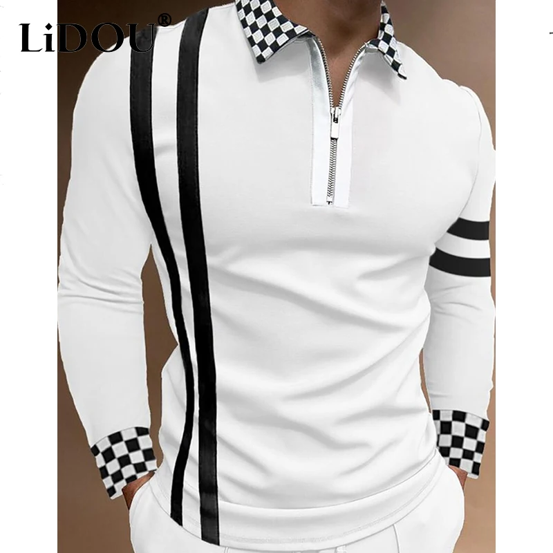 

Spring Autumn Fashion Trends Business Casual T-shirts Man Long Sleeve All-match Striped Plaid Tight Gentmen Polo Shirt Clothes