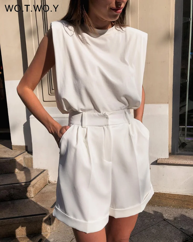 WOTWOY Summer Padded Shoulder Sleeveless T-shirt Women O-neck Casual Solid Tee Shirt Women Loose Cotton White Korean Tops Female
WOTWOY Summer Padded Shoulder Sleeveless T-shirt Women O-neck Casual Solid Tee Shirt Women Loose Cotton White Korean Tops Female