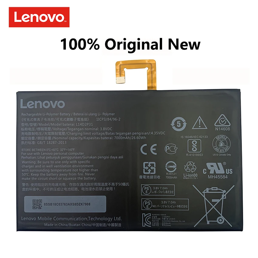 100% Original L14D2P31 3.8V 7000mAh 26.6Wh Battery For Lenovo A7600 A10-70 Tab 2 A10-70F Tab2 A10-70L X30L Batteries Bateria
100% Original L14D2P31 3.8V 7000mAh 26.6Wh Battery For Lenovo A7600 A10-70 Tab 2 A10-70F Tab2 A10-70L X30L Batteries Bateria