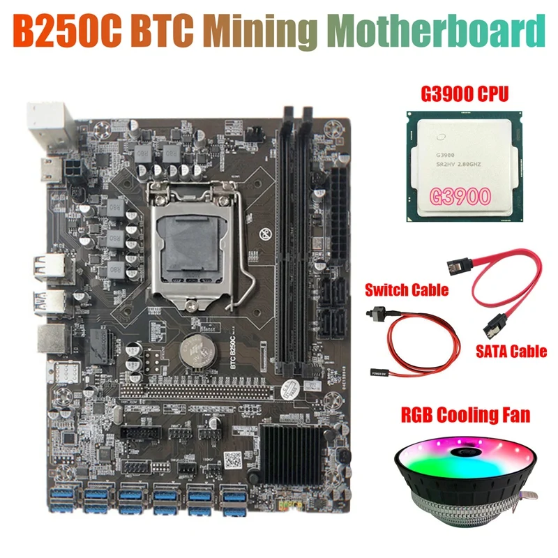 Материнская плата для майнинга B250C с RGB вентилятором + процессор G3900 + кабель переключения + кабель SATA 12 PCIE на USB3.0 слот GPU LGA1151 с поддержкой DDR4 
Материнская плата для майнинга B250C с RGB вентилятором + процессор G3900 + кабель переключения + кабель SATA 12 PCIE на USB3.0 слот GPU LGA1151 с поддержкой DDR4