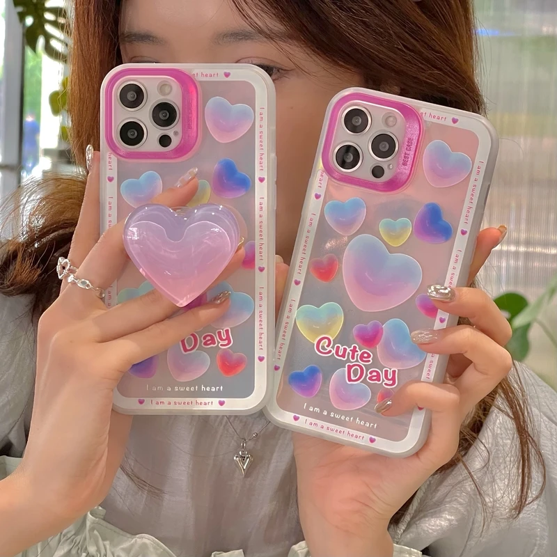 

Cute Love Heart Laser Blu-ray Korea Phone Case For iPhone 12 11 Pro Max Cases X Xs Max Xr 7 8 Puls Case Soft Silicone Cover