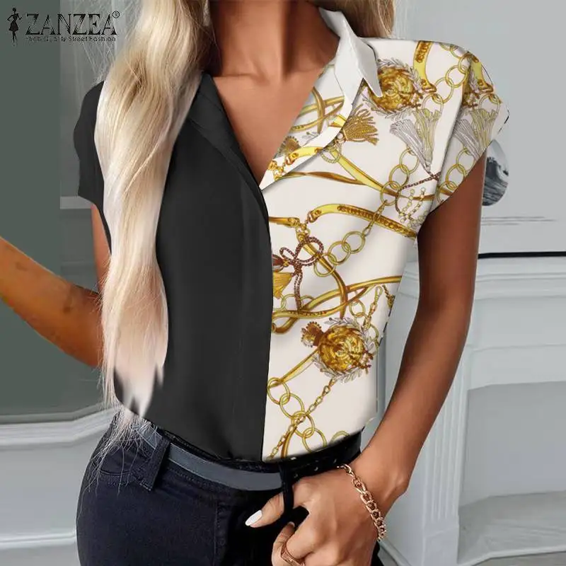 

Women Vintage Printed Blouse Summer Tunic Tops ZANZEA Elegant Lapel Short Sleeve Shirt Casual Work Office Blusa Chemise Oversize