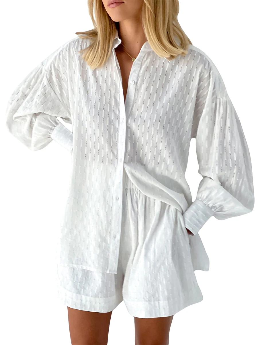 Two Piece Outfits for Women Long Sleeve Button Down Shirt Top Baggy Shorts Loose Fit 2 Pieces Lounge Outfits Sets
Two Piece Outfits for Women Long Sleeve Button Down Shirt Top Baggy Shorts Loose Fit 2 Pieces Lounge Outfits Sets