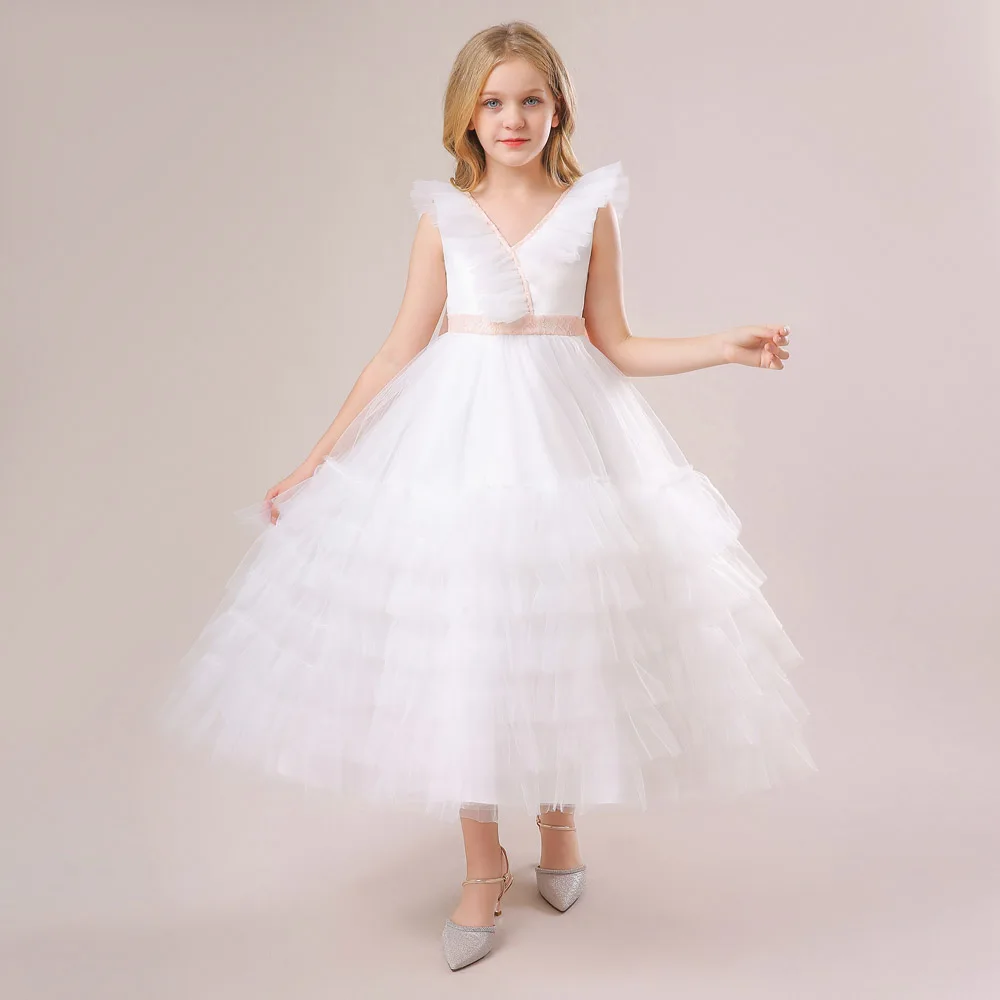

CLL-608 Big Bow Kids Clothes Teen Ceremony Party Vestidos White Bridesmild Wedding Flower Girls Princess Dress For 4T-14T