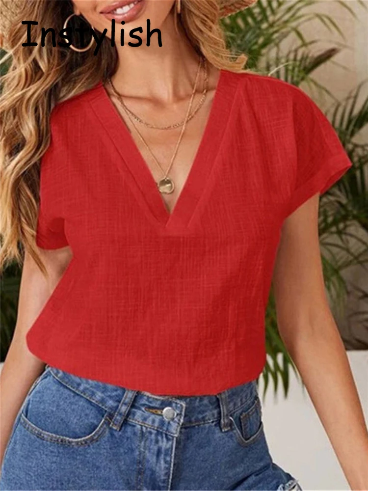 Causal Short Sleeve V Neck Loose Cotton Linen Blouse Vintage Harjauku Solid Loose Shirt Female Oversized Top Tees 2022 Summer
Causal Short Sleeve V Neck Loose Cotton Linen Blouse Vintage Harjauku Solid Loose Shirt Female Oversized Top Tees 2022 Summer