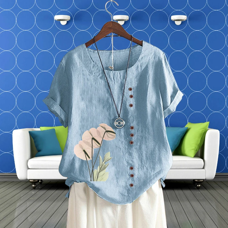 Round Neck Printed Loose Linen Short Sleeve Women's Fashion T Shirt Lady's Flower Floral Pattern Casual T Shirt Top Pullover 
Round Neck Printed Loose Linen Short Sleeve Women's Fashion T Shirt Lady's Flower Floral Pattern Casual T Shirt Top Pullover