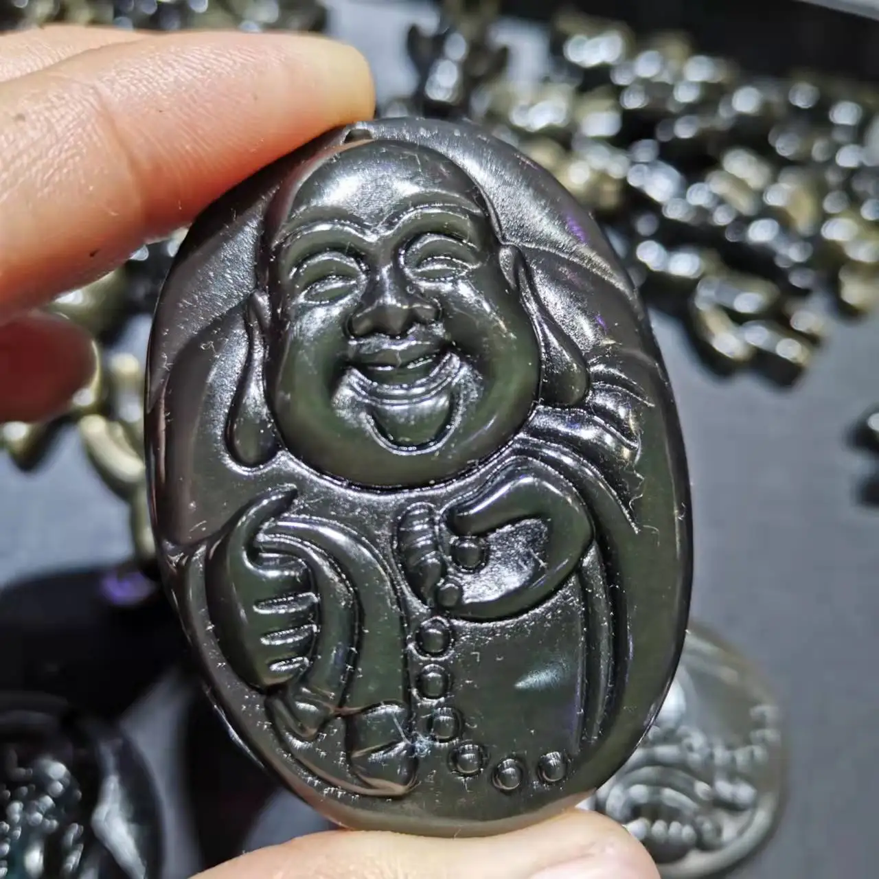 

Natural Rainbow Obsidian Carved Buddha Gemstone Crystals Maitreya Buddha Decoration Figurine