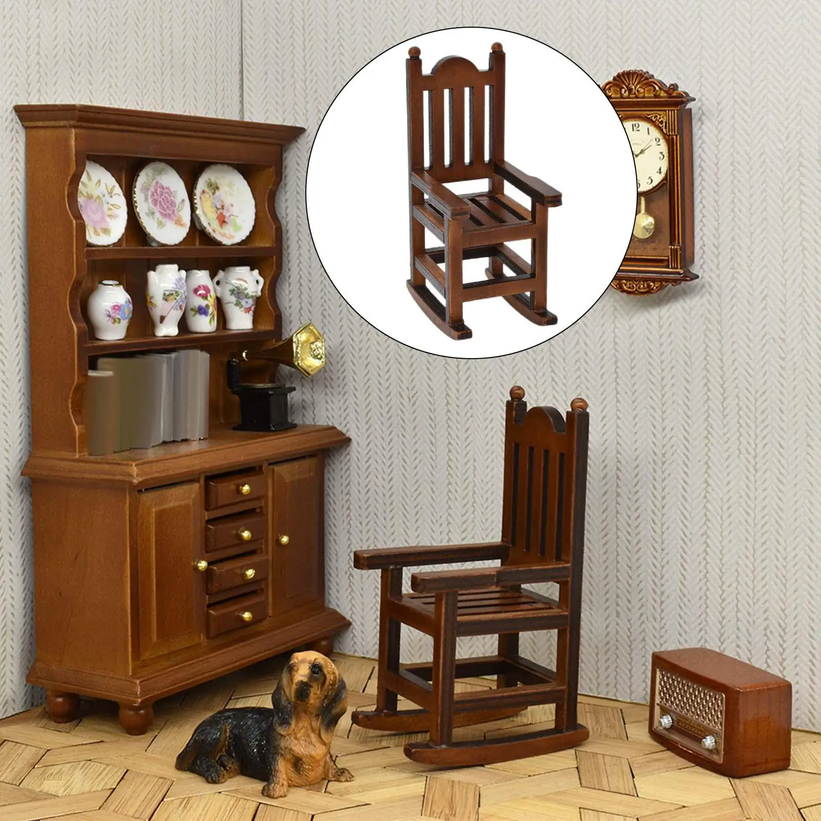 Simulation 1:12 Scale Doll House Rocking Chair Wooden Brown Vintage Style
Simulation 1:12 Scale Doll House Rocking Chair Wooden Brown Vintage Style