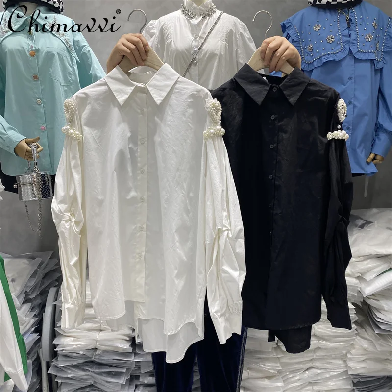 2022 Early Spring New Female Fashion Beads Lantern Sleeve Shirt Women's European Loose Slimming Top Women Elegant Solid Blouses
2022 Early Spring New Female Fashion Beads Lantern Sleeve Shirt Women's European Loose Slimming Top Women Elegant Solid Blouses