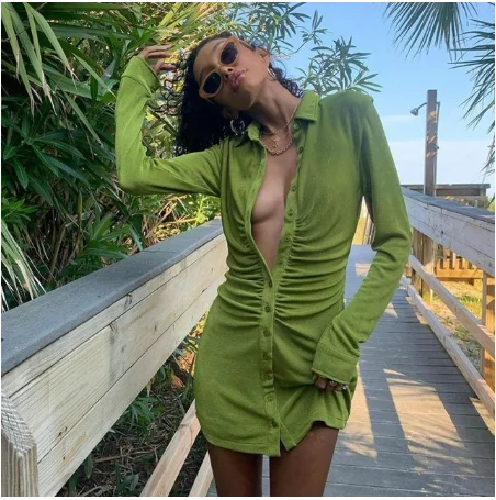 Turn-Down Collar Green Women Shirt Dresses Club Party Long Sleeve Button Mini Dress Holiday 2021 Spring Streetwear
Turn-Down Collar Green Women Shirt Dresses Club Party Long Sleeve Button Mini Dress Holiday 2021 Spring Streetwear