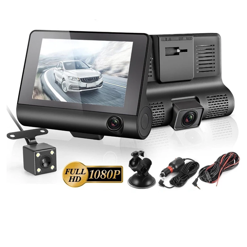 

Автомобильный видеорегистратор с 3 камерами Full HD 1080P и двумя объективами, Автомобильный видеорегистратор с камерой 4,0 дюйма, ЖК-экран с обзором на 170 градусов и функцией заднего вида