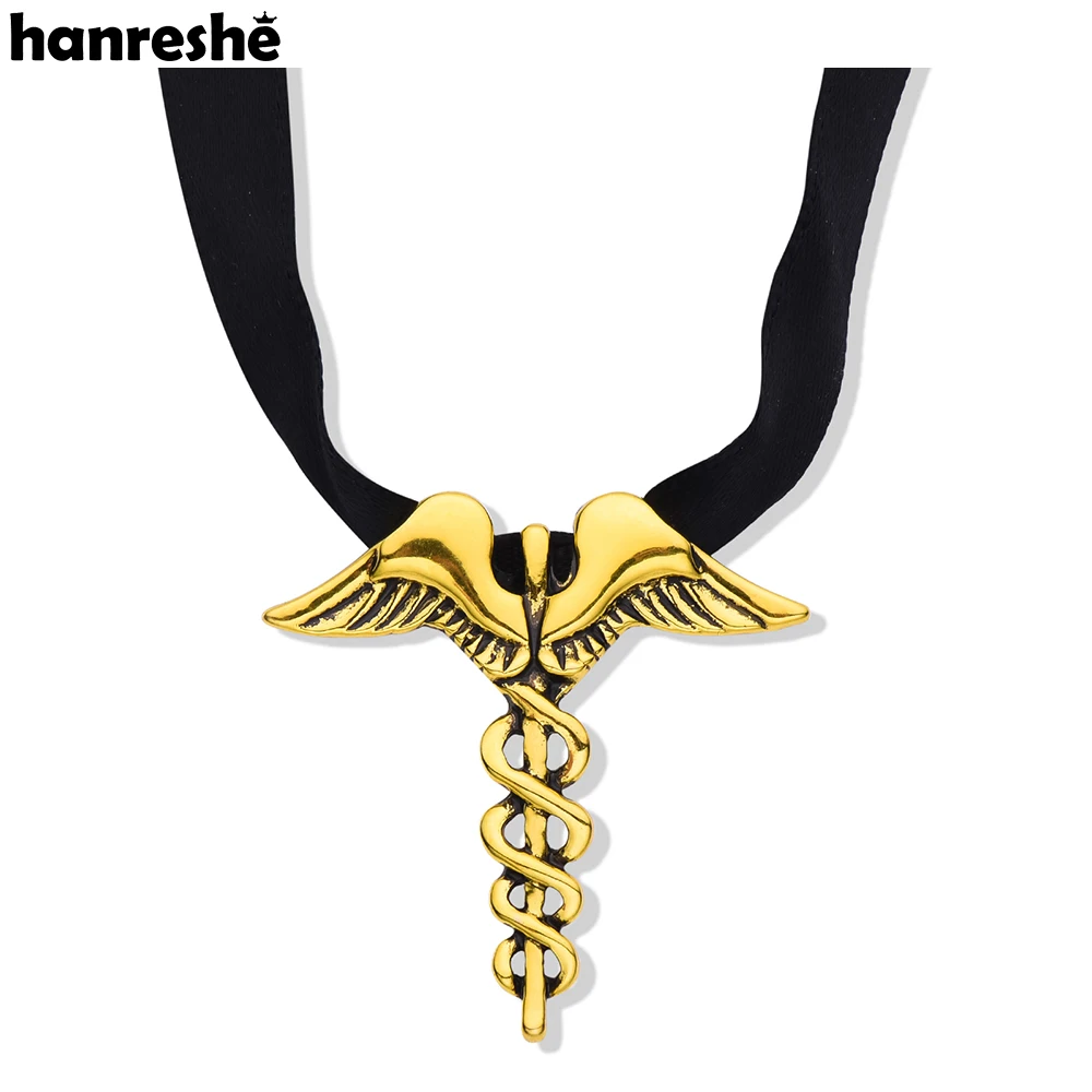 

Hanreshe Medical Caduceus Pendant Necklace Quality Snake Rod and Wing Rope Chain Dangle Choker Medicine Jewelry for Doctor Nurse