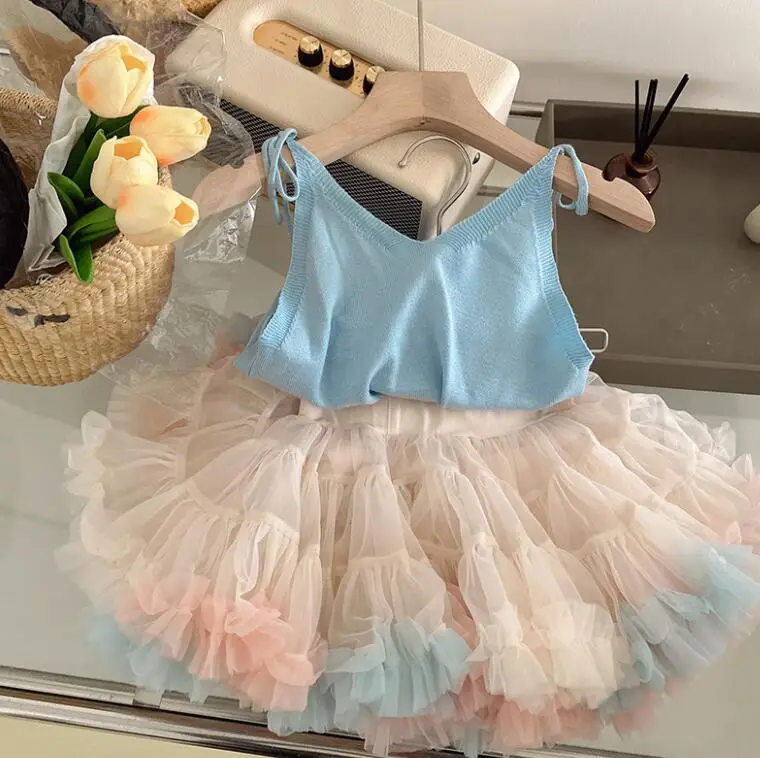 

Retail 2023 New Baby Girls Korea Boutique Sets, Soft T-shirt + Colorful Mesh Tutu Skirts. Fashion Party Suits For Girl 1-7T