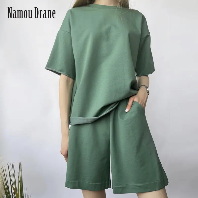 Женский спортивный костюм из двух предметов, Повседневная Свободная хлопковая футболка с коротким рукавом и шорты с высокой талией, лето 2022 
Женский спортивный костюм из двух предметов, Повседневная Свободная хлопковая футболка с коротким рукавом и шорты с высокой талией, лето 2022