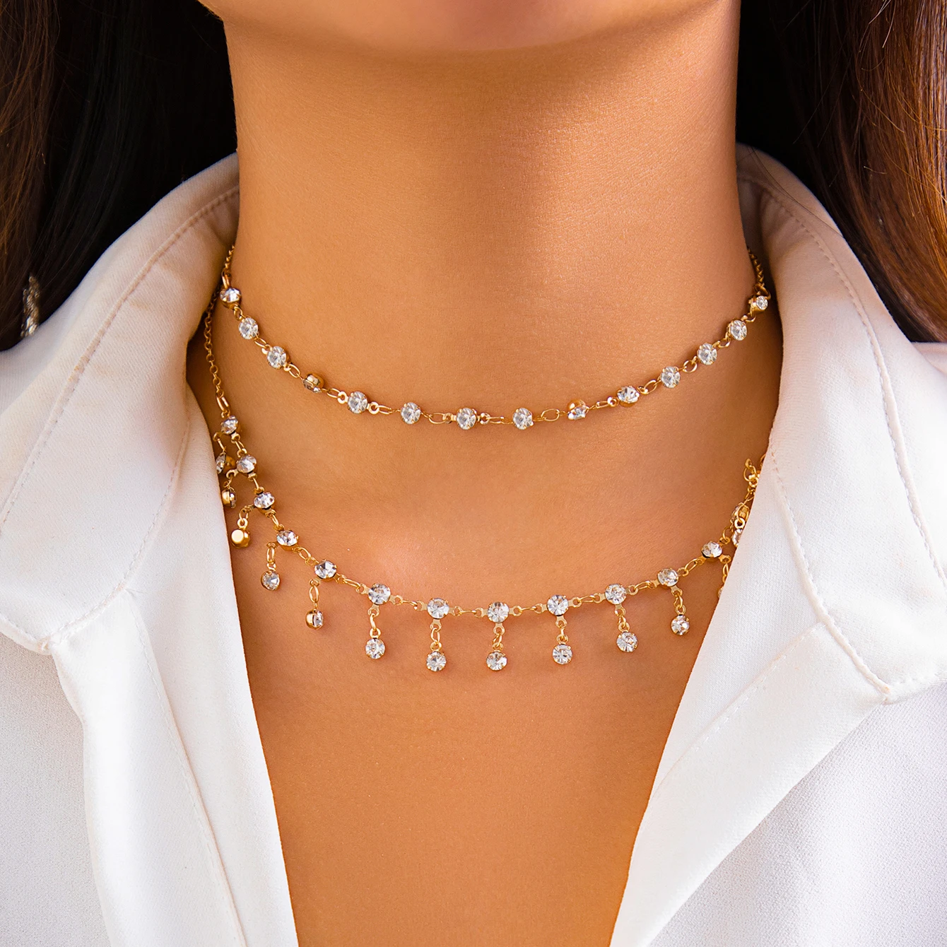 

Ingemark Classic Elegant Tassel Rhinestone Pendant Choker Necklace for Women Wed Bridal Goth Tennis Clavicle Chain Y2K Jewelry