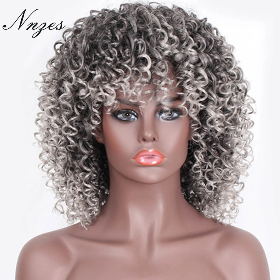 

NNZES Afro Kinky Curly Wigs Ombre Black Gray Wig With Bangs Synthetic Short Wig for Black Women Brown Blonde Red Daily Use Hairs