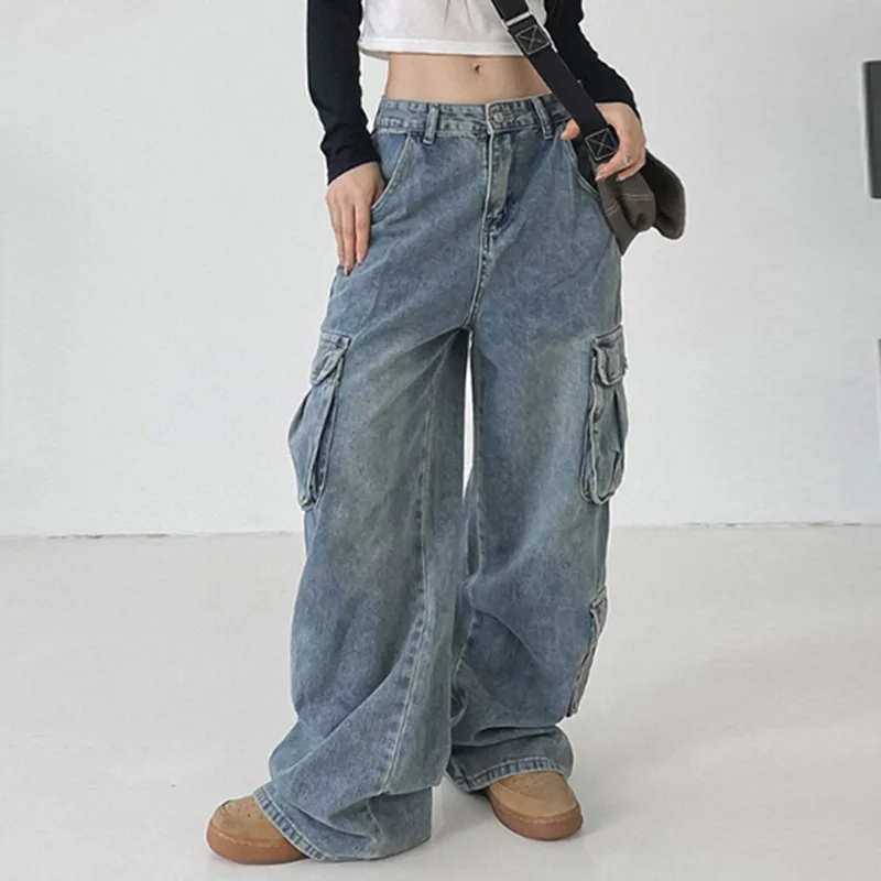 

Baggy Cargo Jeans Woman Vintage Y2K 90s Multi-pockets Straight Trousers Streetwear Grunge Low Rise Denim Pants штаны карго