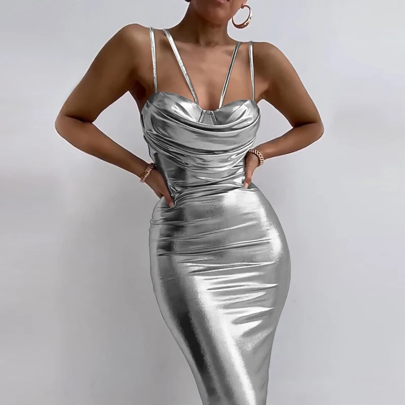 Women Solid Color Bright Fake Leather Long Dress Elegant Sleeveless Sling Slim Party Dress Summer Backless Pleated Evening Dress
Women Solid Color Bright Fake Leather Long Dress Elegant Sleeveless Sling Slim Party Dress Summer Backless Pleated Evening Dress