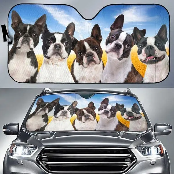 

Забавный черный белый Бостон терьер команда голубое небо узор собака влюбленная машина солнцезащитный козырек, идея подарка для Бостон терьер мама, лобовое стекло автомобиля