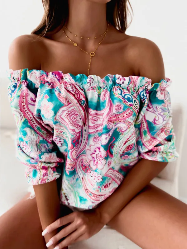 2022 Autumn Print Women's Top Off The Shoulder Ruffles Half Sleeve Blouse Female Fashion Elegant Casual Loose Ladies Clothes
2022 Autumn Print Women's Top Off The Shoulder Ruffles Half Sleeve Blouse Female Fashion Elegant Casual Loose Ladies Clothes