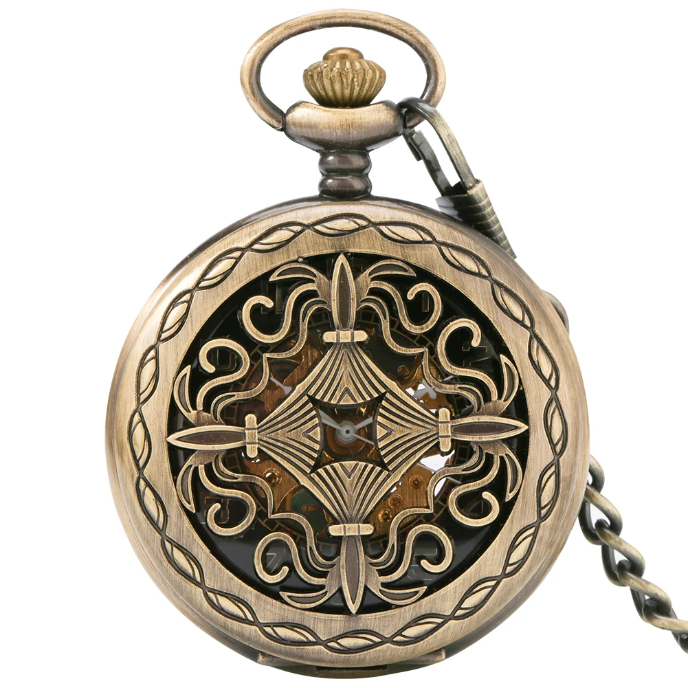 

Vintage Bronze Hollow Chinese Knot Hand Winding Mechanical Pocket Watch Arabic Numerals Dial Luxury Manual Timepiece Fob Chain