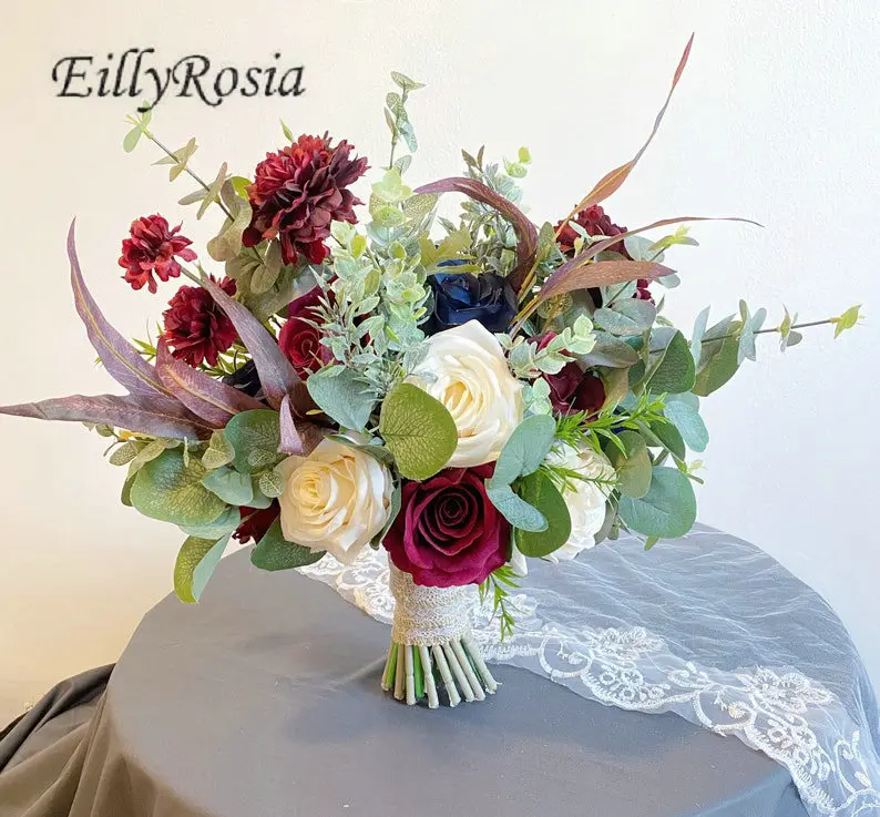 

EillyRosia White Navy Blue Burgundy Wedding Bouquet for the Bride Peony Eucalyptus Bridal Bouquet Fleur Artificielle Mariage