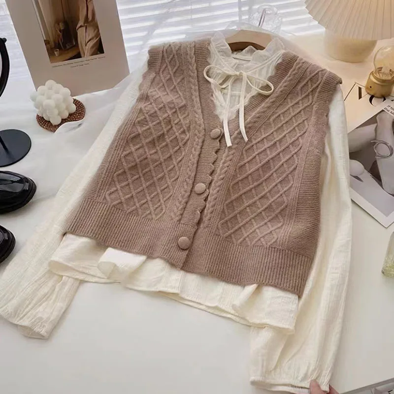 Shirt Knitted Vest Top Suit Women's Spring And Autumn French Fungus Edge Bandage Long-sleeved Shirt Knitted Vest
Shirt Knitted Vest Top Suit Women's Spring And Autumn French Fungus Edge Bandage Long-sleeved Shirt Knitted Vest