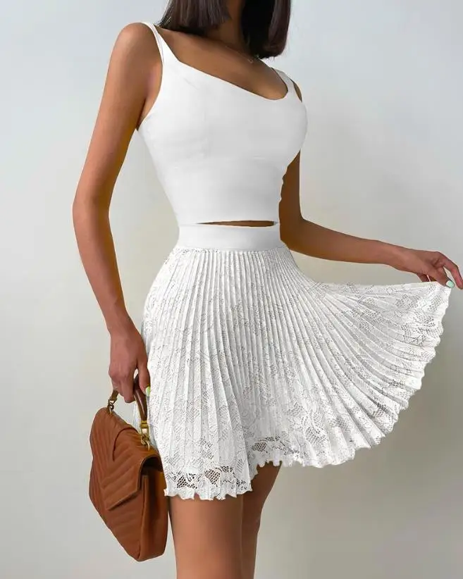 Women's Skirt Sets 2023 Summer Pure White New Fashion Sexy Crop Suspender Tank Top & Pleated Lace Mini Skirt Set Sweet Style
Women's Skirt Sets 2023 Summer Pure White New Fashion Sexy Crop Suspender Tank Top & Pleated Lace Mini Skirt Set Sweet Style