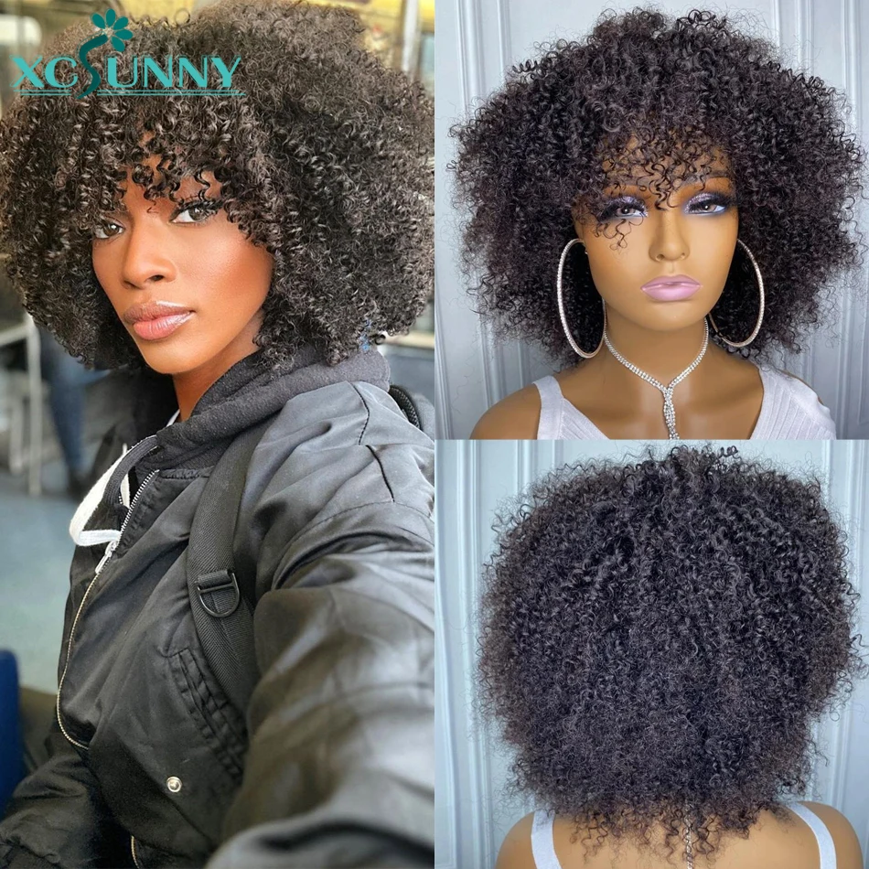 

Afro Kinky Curly Bob Wig Human Hair Machine Made Scalp Top Wig With Bangs 200 Density Brazilian Short Curly Bang Wig Human Hair
