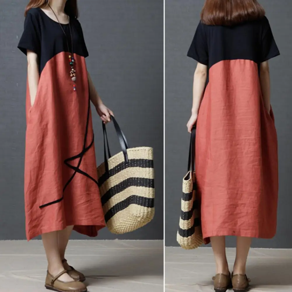 O-neck Pockets Baggy Pullover Dress Summer Short Sleeve Patchwork Color Midi Dress Streetwear 
O-neck Pockets Baggy Pullover Dress Summer Short Sleeve Patchwork Color Midi Dress Streetwear