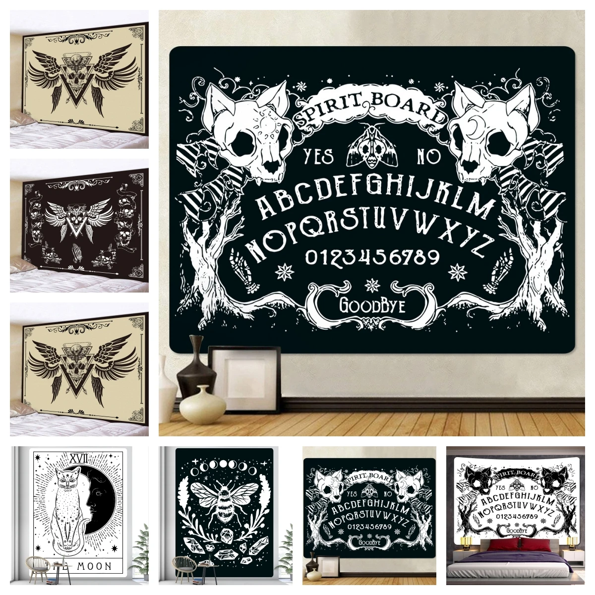 

Черно-белый гобелен в виде черепа, пчелы, кота, украшение для дома, искусственный гобелен, фон в стиле хиппи, одеяло для стены, дивана