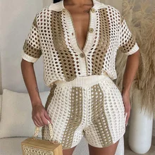 WJFZQM Single-breasted Turn-down Collar Hollowed Out See-through Lapel Knitted Outfit Shorts Suit Two Piece Set 2023 Summer