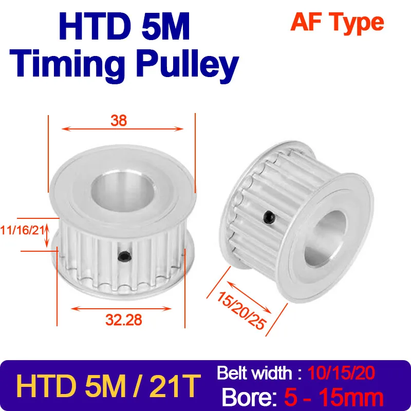 

1Pc 21 Teeth HTD5M Timing Pulley AF Type Bore 5/6/8/10/12/14/15mm For HTD 5M Synchronous Timing Belt Width 10/15/20mm